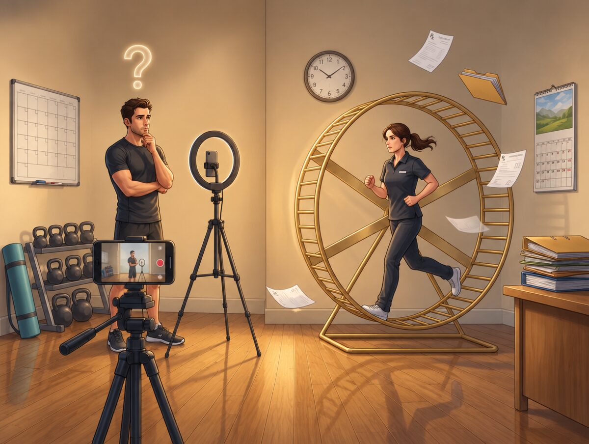 Links ein Fitnesstrainer im Studio, der vor Stativ und Ringlicht ein Reel aufnimmt, über ihm ein großes Fragezeichen. Rechts eine Physiotherapeutin im goldenen Hamsterrad zwischen fliegenden Rezepten, Akten und einem vollen Kalender.
