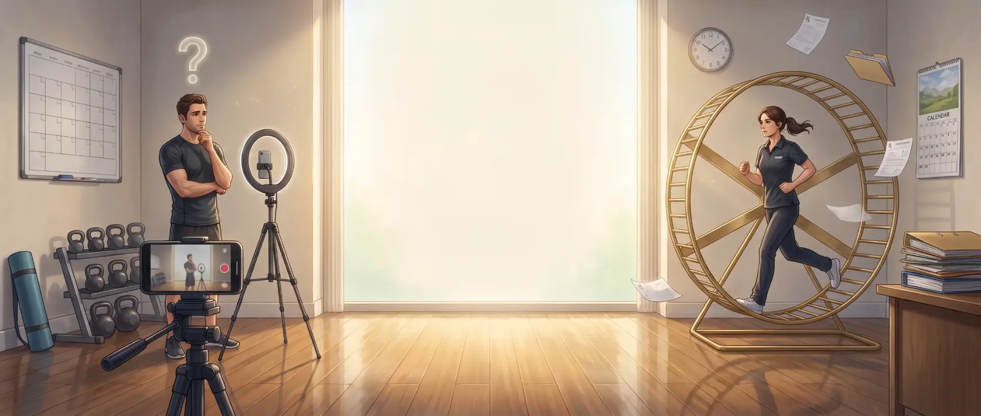 Links ein Fitnesstrainer im leeren Studio, der vor Stativ und Ringlicht ein Reel aufnimmt, über ihm ein großes Fragezeichen. Rechts eine Physiotherapeutin im goldenen Hamsterrad zwischen fliegenden Rezepten, Akten und einem vollen Kalender.